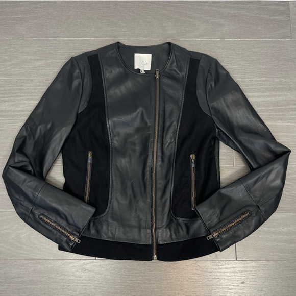 JOIE Morina Lambskin Leather Jacket Black Caviar Sz L Large Wool Moto Biker New - Picture 15 of 16